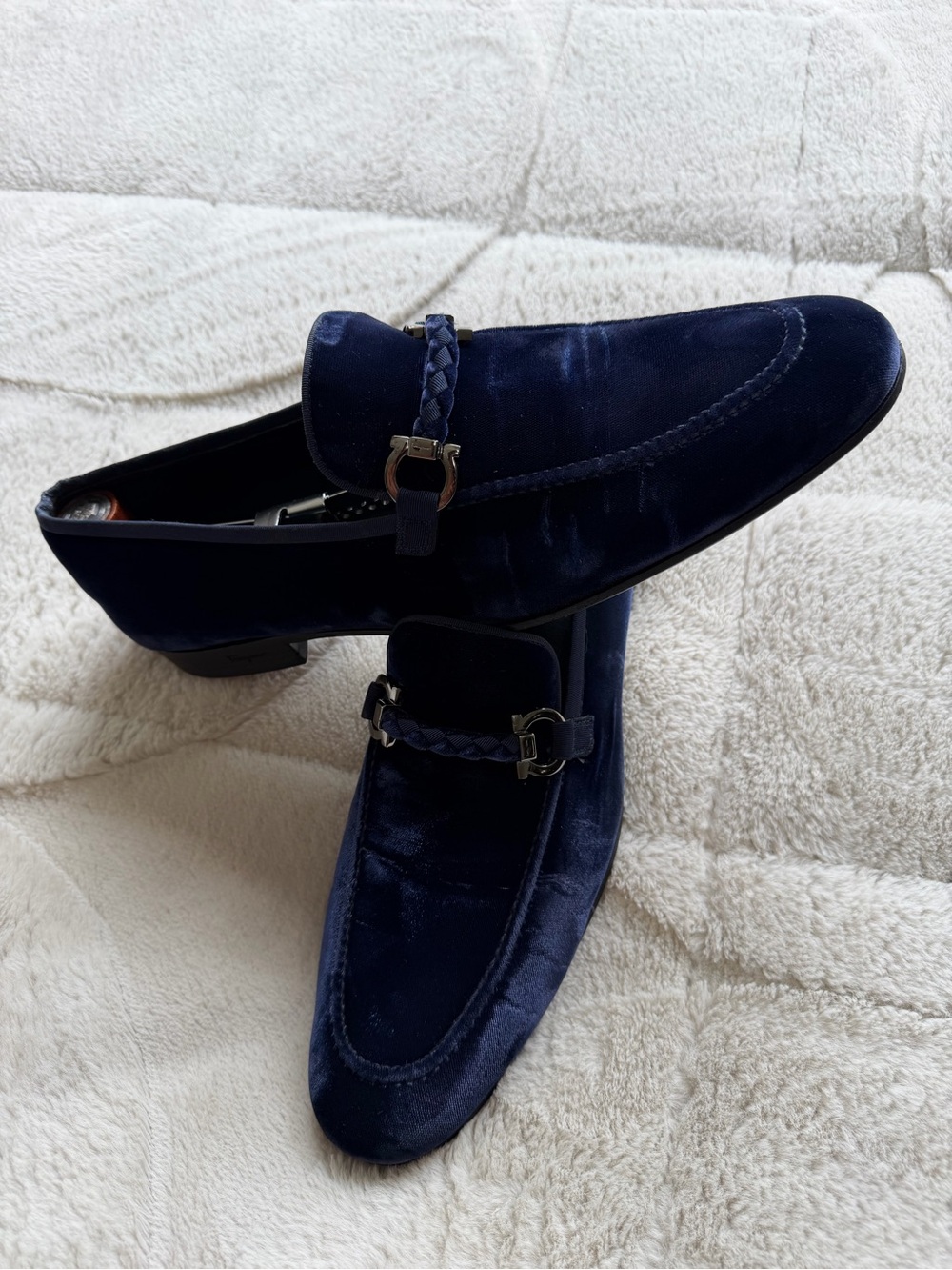 $995 Salvatore Ferragamo Gancini Bit Navy Blue Velvet Loafers Shoes 11 12